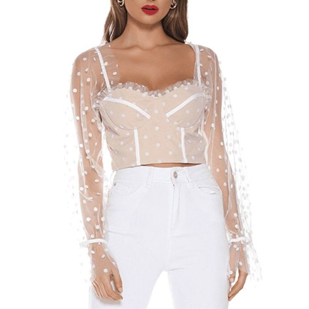 Runaway White & Nude Polka Dot Chloe Sheer Balloon Sleeve Corset Crop Top Sz 4/S